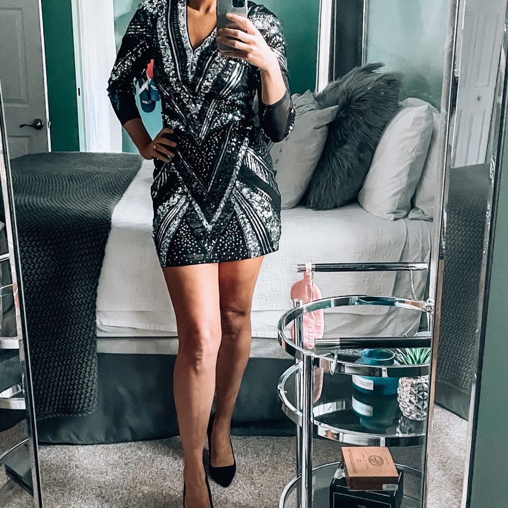 Express sequin black silver mini dress nye